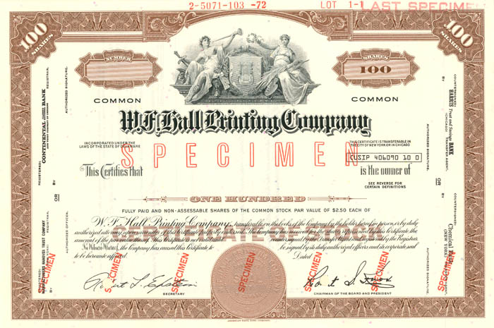 W.F. Hall Printing Co. - Specimen Stock Certificate